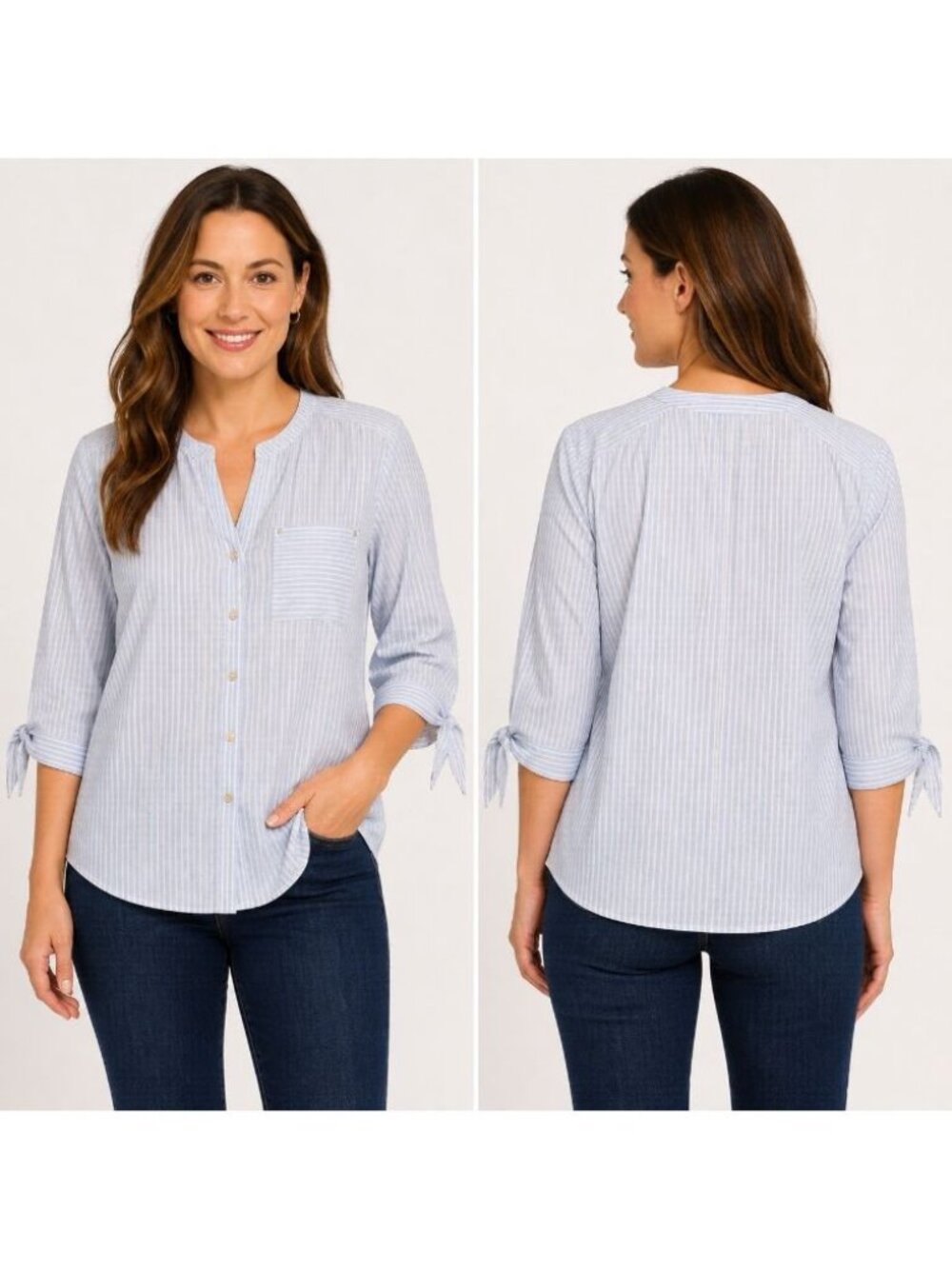 Anne Klein Women’s Large Blue White Gold Stripe Button Front Blouse NWT